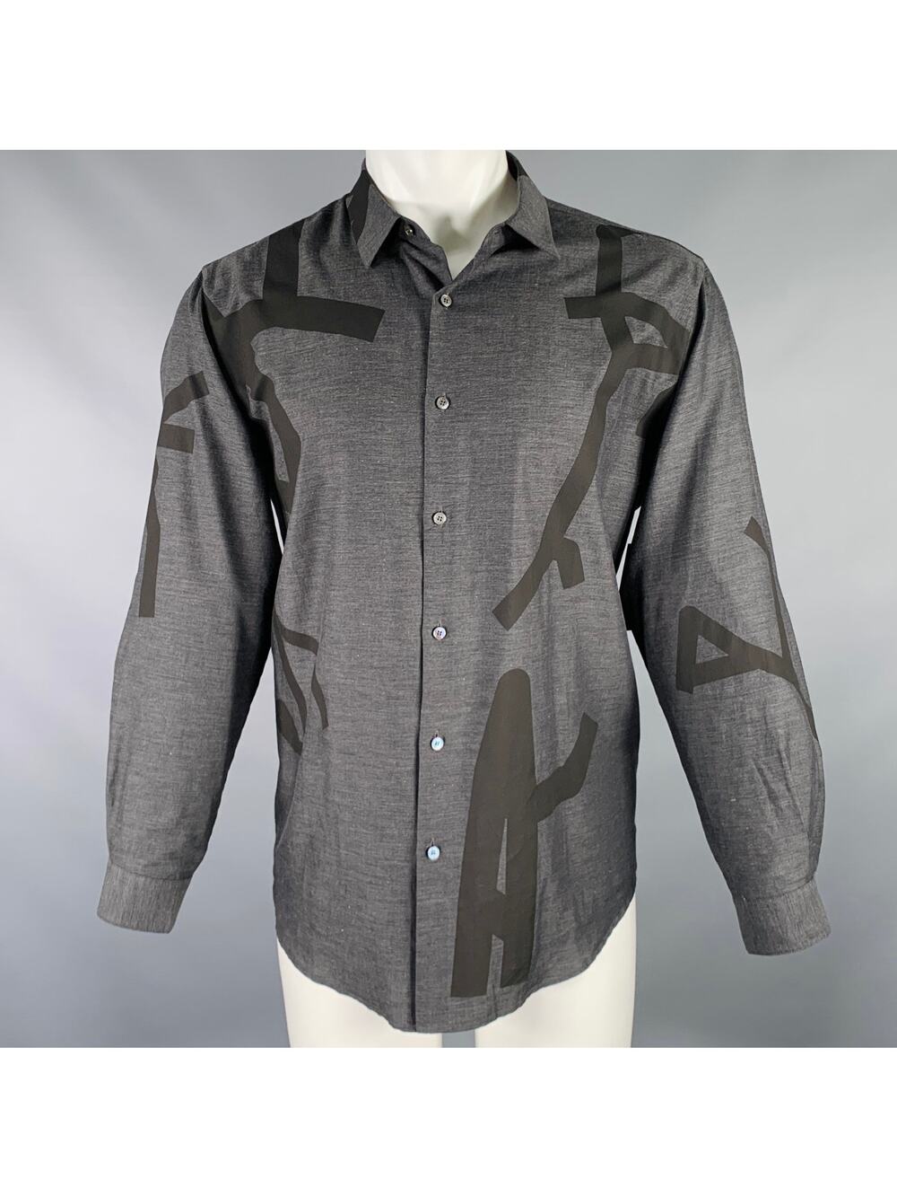 WOOYOUNGMI Size M Grey Black Graphic Cotton Button Up Long Sleeve Shirt